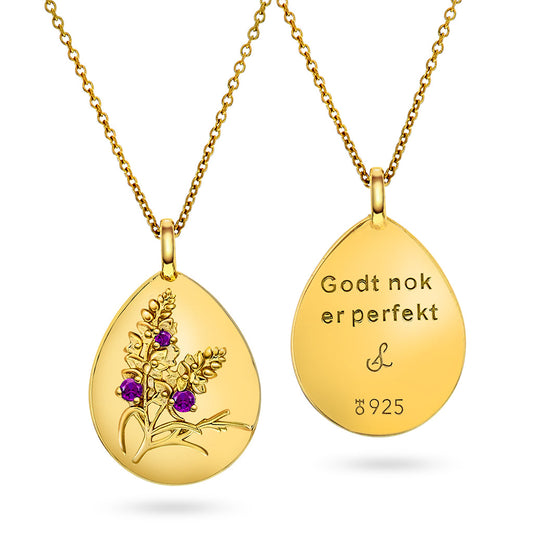 Amulett "Good enough is perfect" med ametist och förgyllt silver